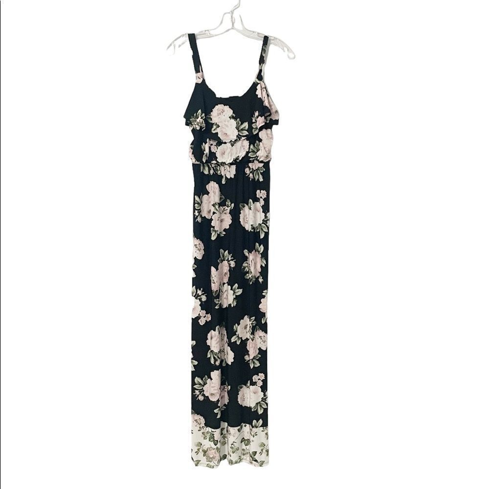 🟢Three Pink Hearts Black & Pink Floral Maxi Floor Length Dress Size XS